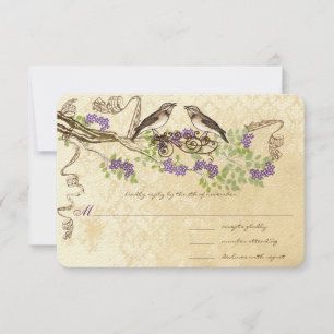 Lila Blooms Green Leaf Vintag Bird Wedding RSVP