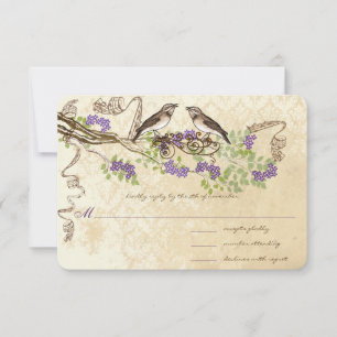 Lila Blooms Green Leaf Vintag Bird Wedding RSVP Karte