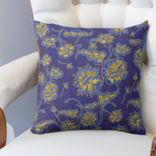 Lila Blue and Gold Floral Chintz Kissen