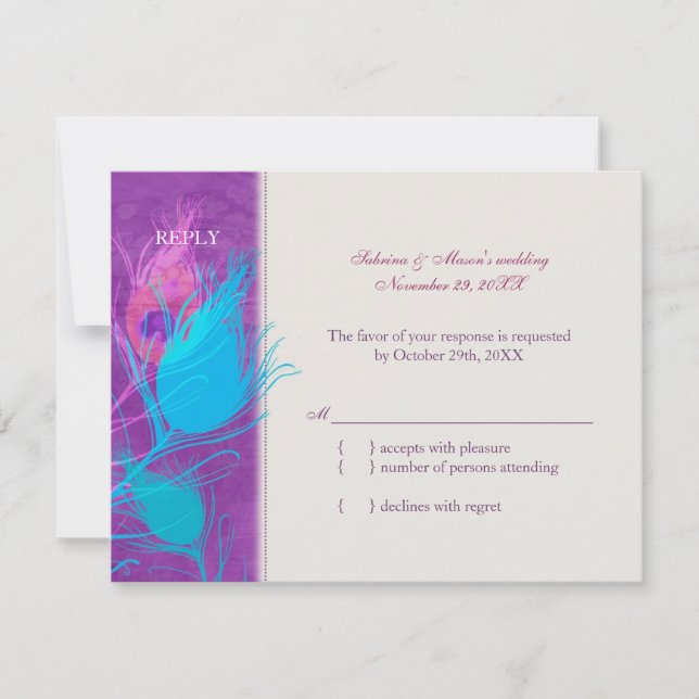 Lila Blue Aquamarin Peacock Wedding RSVP Card (Vorderseite)