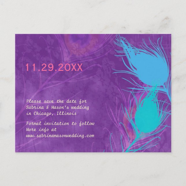 Lila Blue Aquamarin Peacock Wedding Save the Date Ankündigungspostkarte (Vorderseite)