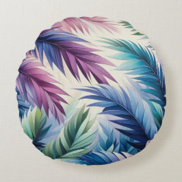Lila Blue Aquamarin Tropical Palm Blätter Rundes Kissen