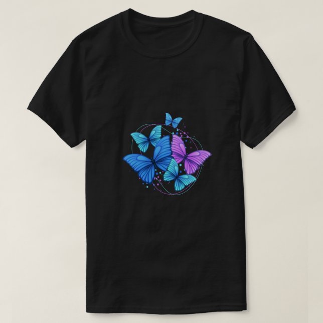 Lila Blue Bright Modern Flying Butterfells T-Shirt (Design vorne)