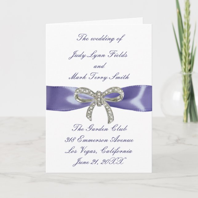 Lila Blue Diamond Bow Wedding Program Card Karte (Vorderseite)