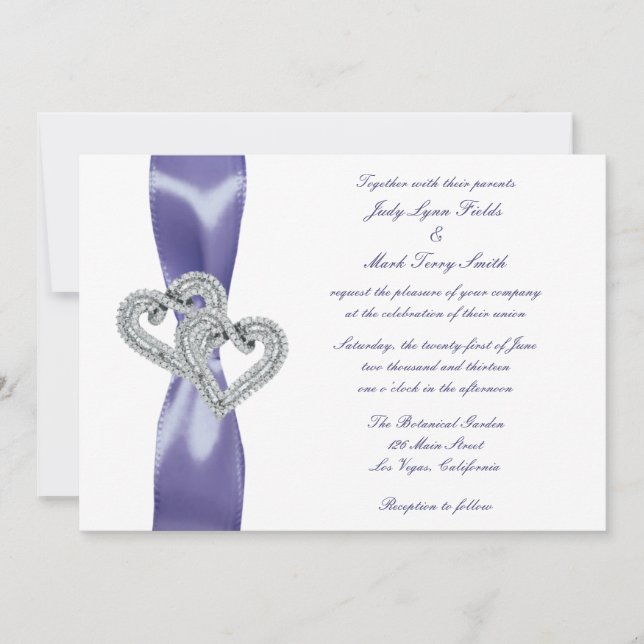 Lila Blue Diamond Hearts Hochzeitseinladung Einladung (Vorderseite)