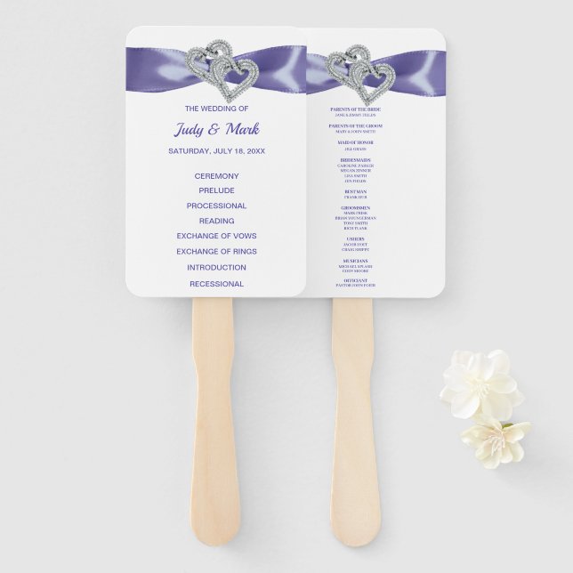 Lila Blue Diamond Hearts Hochzeitsförderer Fächer (Vorne und Hinten)