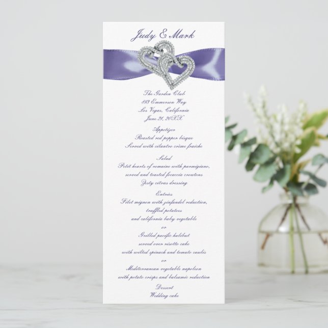 Lila Blue Diamond Hearts Wedding Menu Card Einladung (Stehend Vorderseite)