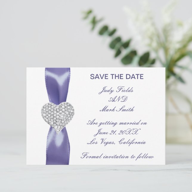 Lila Blue Diamond Herz Save the Date Karte (Stehend Vorderseite)