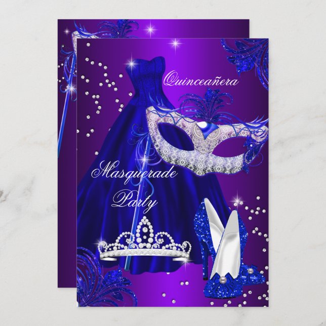 Lila & Blue Dress masquerade Quinceanera laden Einladung (Vorne/Hinten)