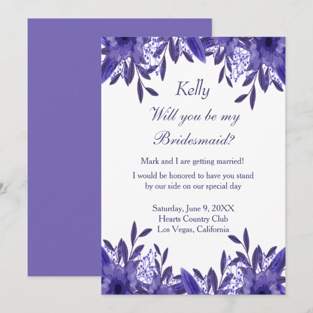 Lila Blue Floral Foliage Bridesmaid Card Einladung (Vorne/Hinten)