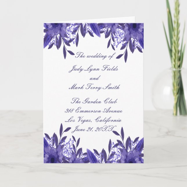 Lila Blue Floral Foliage Hochzeitskarte Programm (Vorderseite)