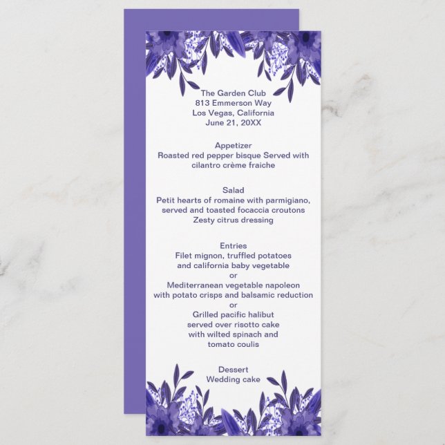 Lila Blue Floral Foliage Wedding Menu Card Menükarte (Vorne/Hinten)