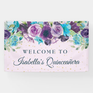 Lila Blue Floral Gold Glitzer Quinceañera Banner