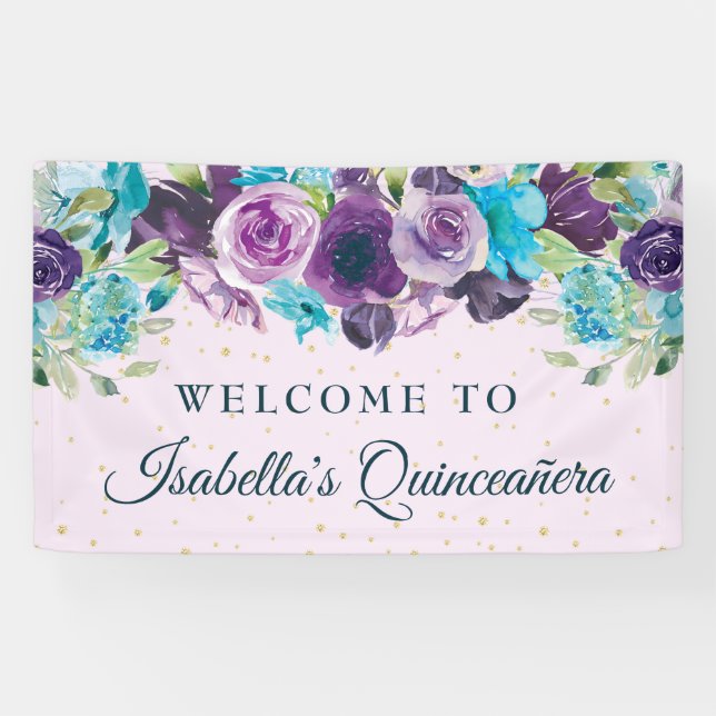 Lila Blue Floral Gold Glitzer Quinceañera Banner (Horizontal)