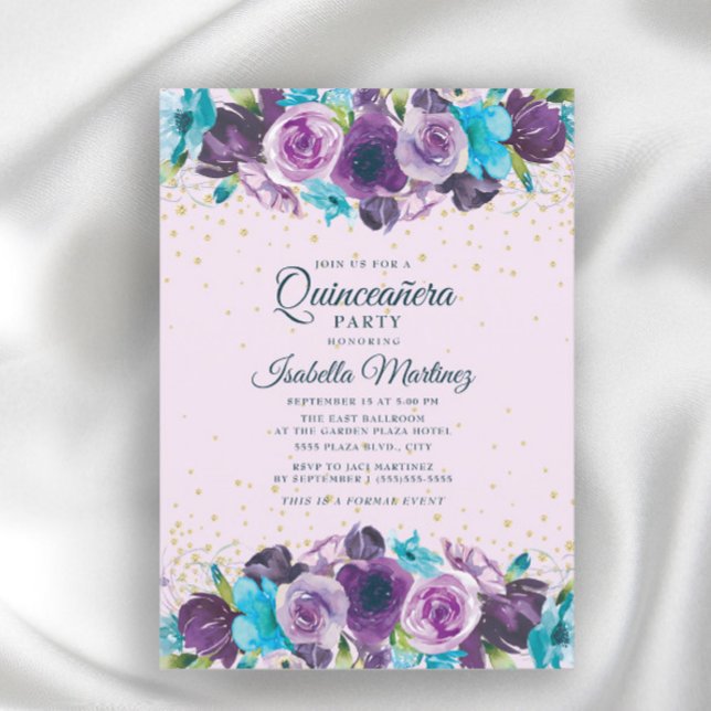 Lila Blue Floral Gold Glitzer Quinceañera Einladung (Von Creator hochgeladen)