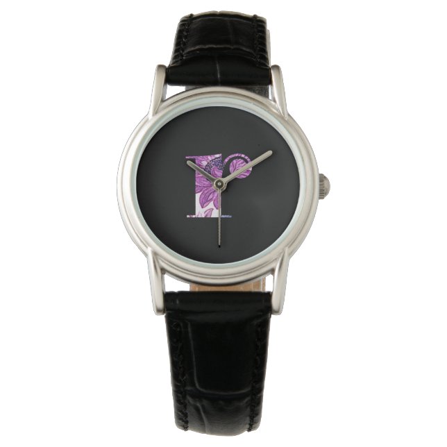 Lila Blue Floral Monogram R Watch Armbanduhr (Vorderseite)