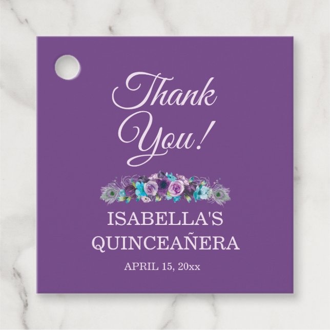 Lila Blue Floral Quinceañera 15. Vielen Dank Geschenkanhänger (Vorderseite)