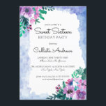 Lila Blue Floral Watercolor Sweet 16 Birthday Einladung<br><div class="desc">Die elegante und moderne 16 . Geburtstag Geburtstagsfeier lädt zum stilvollen und eleganten Mädel ein. Es verfügt über hübsche, ländlich und künstlerische handbemalte, rosa, lila und waldgrüne Blume und Blätter Bouquet-Gruppierungen auf einem blauen Aquarellrahmen und schlichten weißen Hintergrund. Es ist künstlerisch, niedlich und trendig; das perfekte Design, um Ihre Freunde...</div>