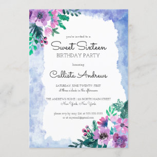 Lila Blue Floral Watercolor Sweet 16 Birthday Einladung