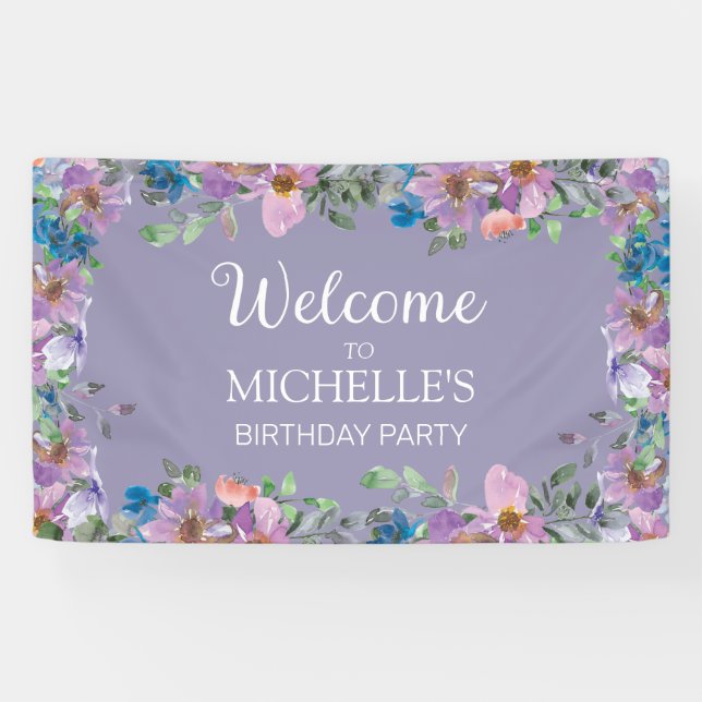 Lila Blue Floral Women's Birthday Party Willkommen Banner (Horizontal)