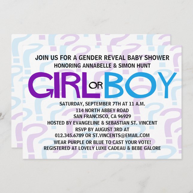 Lila & Blue Gender Reveal Baby Dusche Party Einladung (Vorne/Hinten)