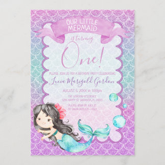 Lila Blue Glitzer Mermaid First Birthday Party Einladung