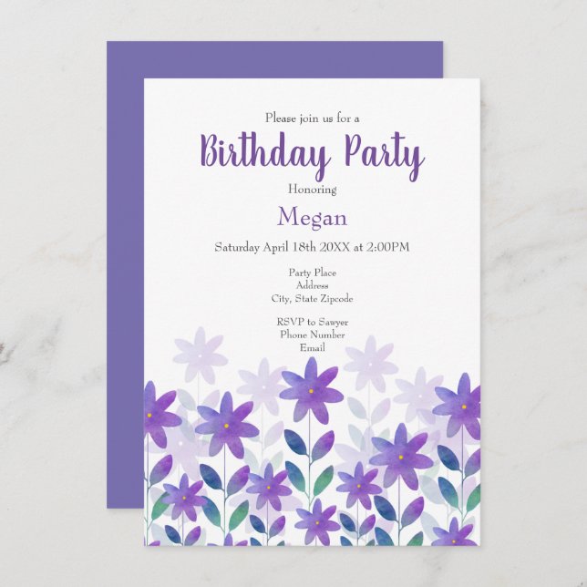 Lila Blue Green Watercolor Flower Garden Einladung (Vorne/Hinten)