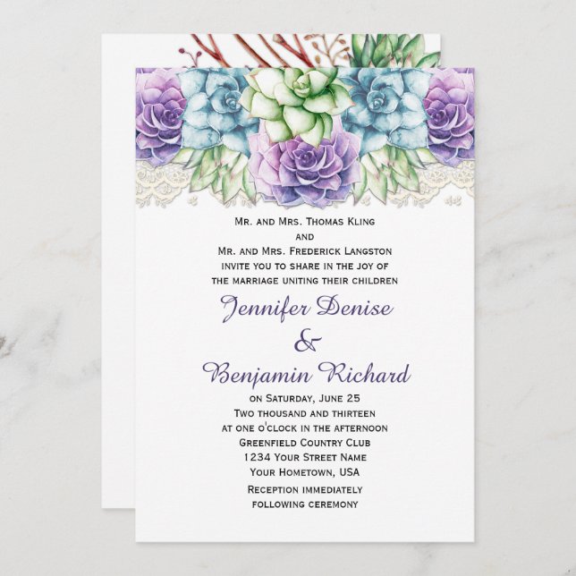 Lila Blue Green Watercolor Succulents Einladung (Vorne/Hinten)