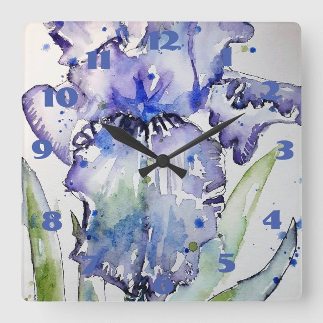 Lila Blue Iris Wasserfarben Malerei Blumenart Quadratische Wanduhr (Vorderseite)
