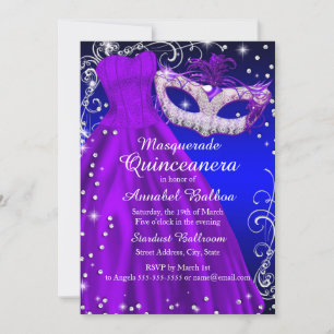 Lila Blue Mask & Dress Masquerade Quinceanera Einladung