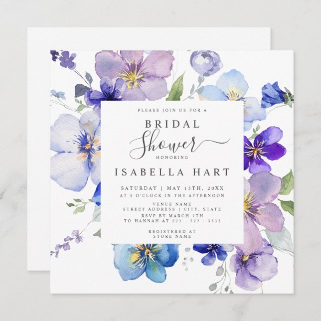 Lila Blue Mauve Pansy Viola Floral Brautparty Einladung (Vorne/Hinten)