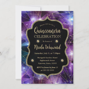 Lila & Blue Midnight Crystal Galaxy Quinceanera Einladung