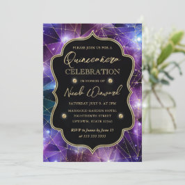 Lila & Blue Midnight Crystal Galaxy Quinceanera Einladung