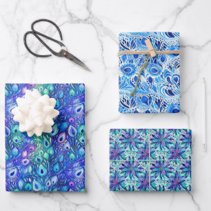 Lila Blue Mint Peacock Feathers Geschenkpapier Set