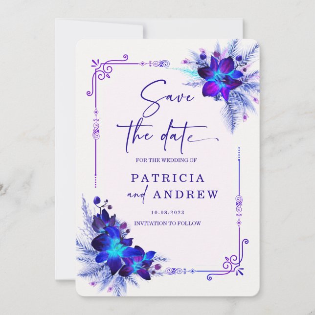 Lila Blue Orchid Wedding Save the Date Einladung (Vorderseite)