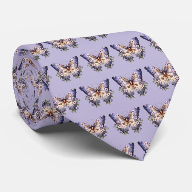 Lila Blue Periwinkle Butterflies Neck TIe Krawatte (Gerollt)