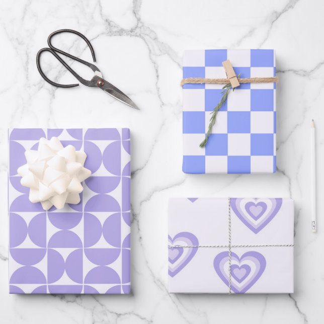 Lila Blue Retro 60er 70er Geometric Heart Romantic Geschenkpapier Set (Vorderseite)