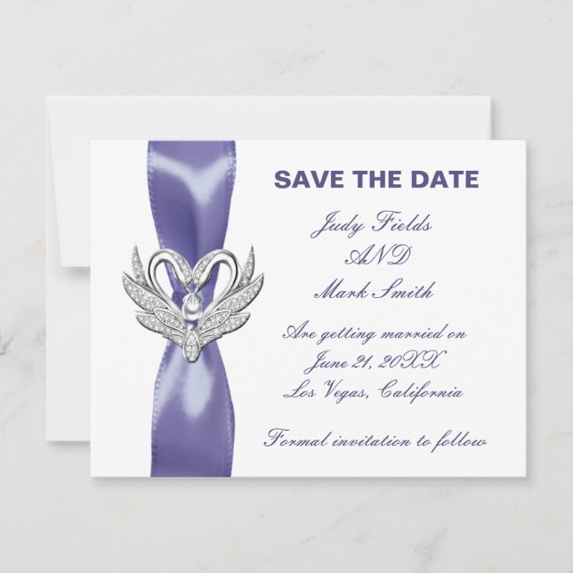 Lila Blue Silver Swans Save the Date Card Ankündigung (Vorderseite)