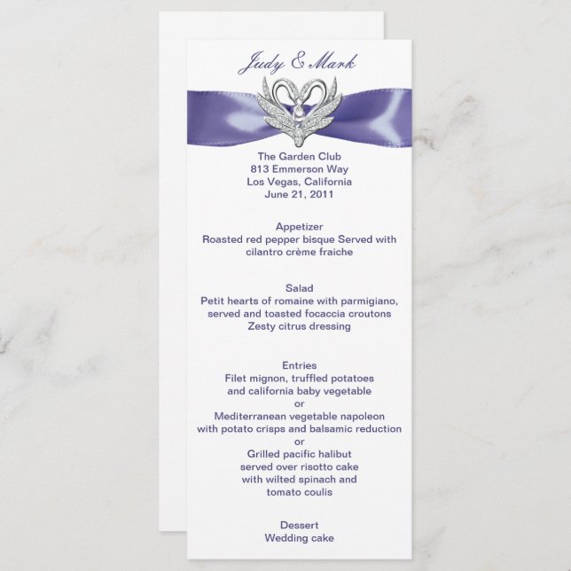 Lila Blue Silver Swans Wedelmenu Card Einladung (Vorne/Hinten)
