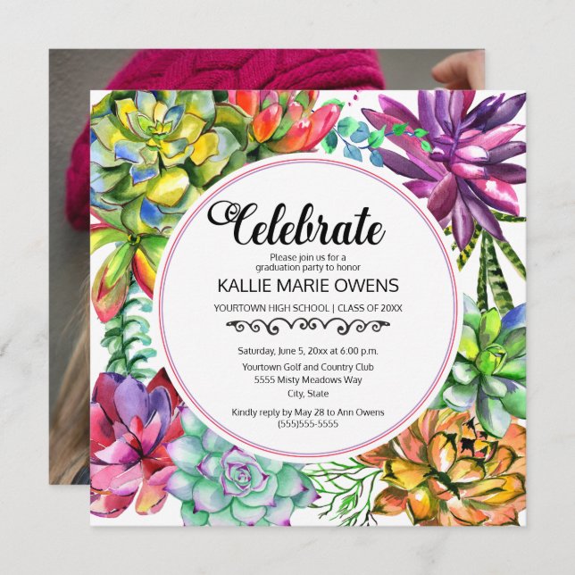 Lila Blue Succules Botanischer Abschluss Foto Einladung (Vorne/Hinten)