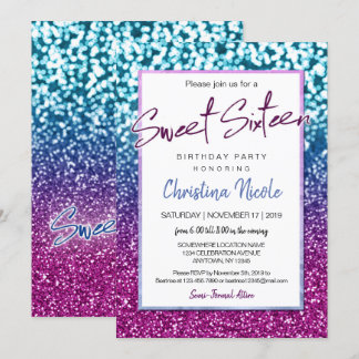 Lila Blue und Bokeh Lights Glam Sweet 16 Einladung