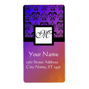 LILA BLUE VIOLET SCHWARZES DAMASK, SQUARE-MONOGRAM