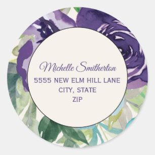 Lila Blue Watercolor Floral Address Runder Aufkleber