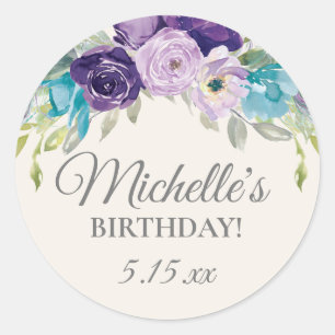 Lila Blue Watercolor Floral Geburtstagsparty Runder Aufkleber