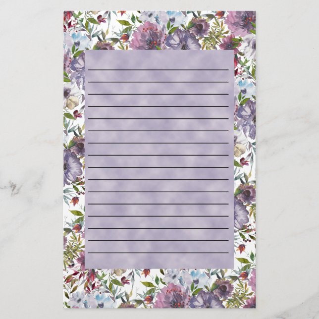 Lila Blue Watercolor Floral Linde Briefpapier (Vorderseite)