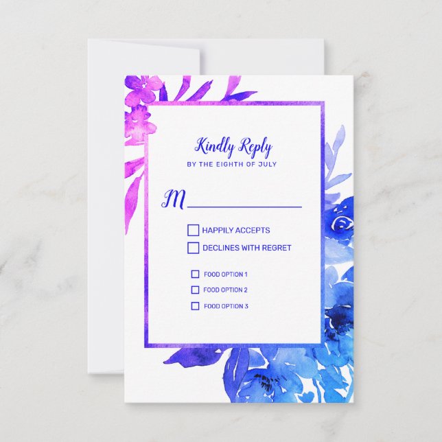 Lila Blue Watercolor Floral Wedding RSVP Card Karte (Vorderseite)