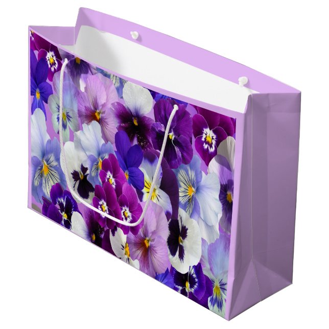 Lila Blue White Pansy Floral Blume Große Geschenktüte (Vorderseite Schrägansicht)