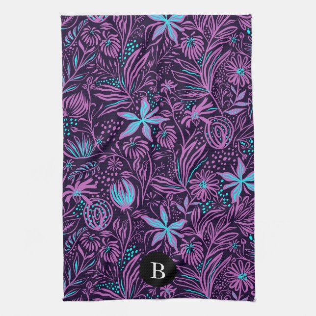 Lila & Blue Wild Blume | Monogramm Geschirrtuch (Vertikal)