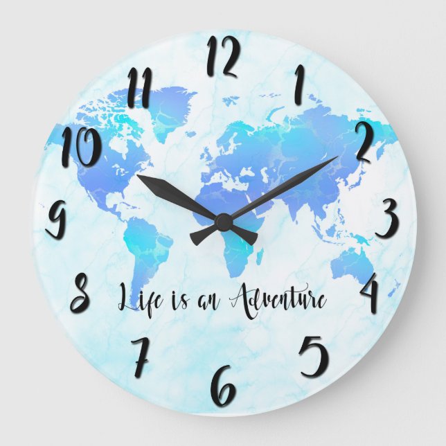 Lila & Blue World Map Life ist ein Abenteuer Große Wanduhr (Vorderseite)