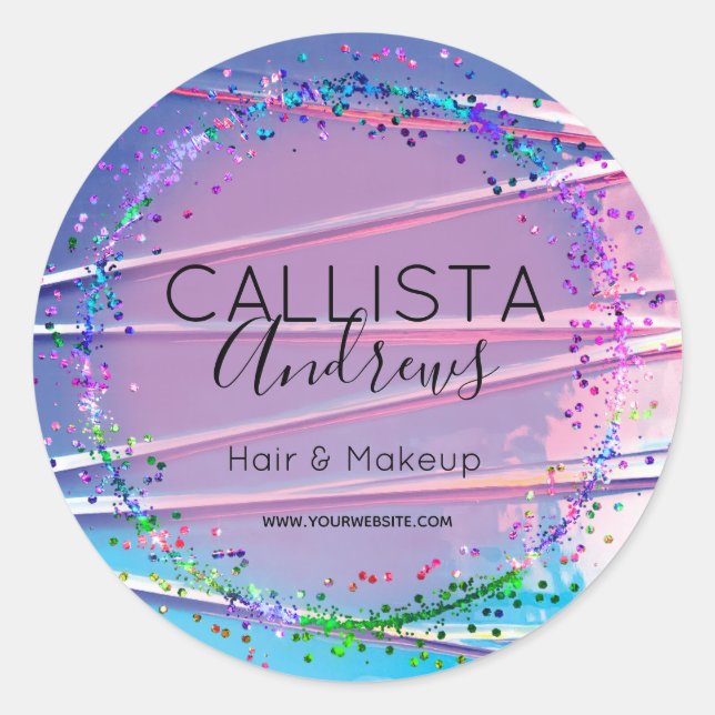 Lila Blue Zigzag Holograph Glitzer Confetti Runder Aufkleber (Vorderseite)